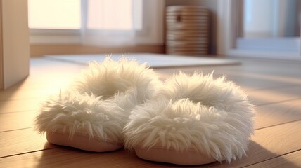 a pair of fluffy house slippers in a modern, brightly lit living room.