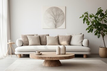 Home interior design of modern living room, rustic round wood table