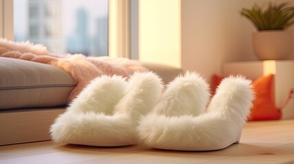 a pair of fluffy house slippers in a modern, brightly lit living room.