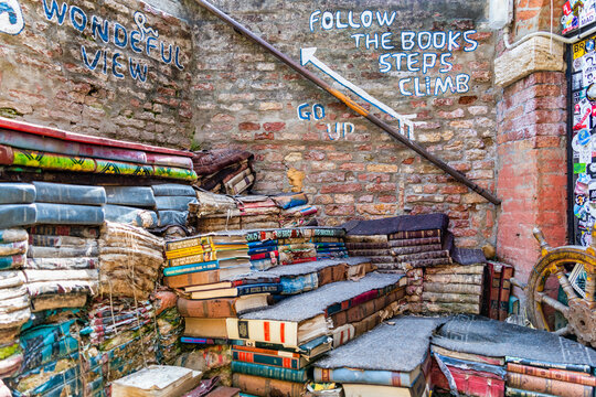 Venice, Italy - May 31 2023: The famous bookstore Libreria Acqua Alta in Venice.