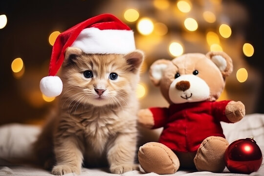 Cute Kitten with Teddy Bear Toy in Christmas Decorated Home - Created with Generative AI Tools