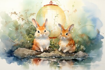 Playful moon rabbits, bestowing luck and fortune to those who encounter them - Generative AI