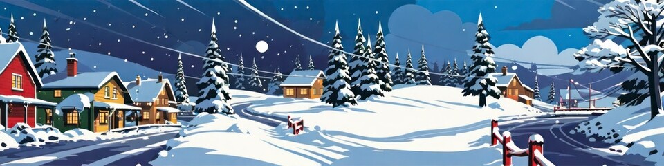 Horizontal Christmas banner, snowy town, commix style, background for your design