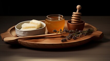 a wooden dish filled with fresh milk and honey set on a rustic table.