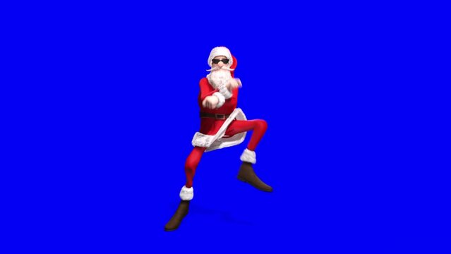 happy santa is doing a gangster dance in 2010s disco style in a blue chroma key background