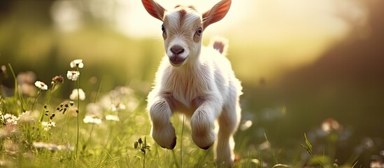 Playful young goat frolicking on a sunny farm