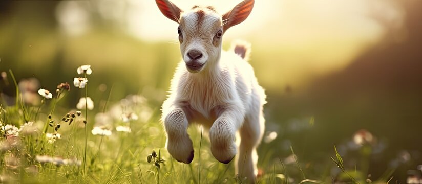 Playful young goat frolicking on a sunny farm