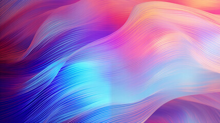 Abstract fractal geometric wavy background in blue, pink, purple. Holographic rainbow technology backdrop. Vibrant, dynamic 3d render chrome wave effect for space disco party.  - obrazy, fototapety, plakaty