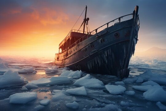 sinking ship in icy ocean. Generative AI