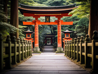 A picturesque Japanese Shinto shrine surrounded by red torii gates and a tranquil garden.