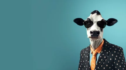 Fotobehang A portrait of a funky cow wearing sunglasses, funky jacket and a blue tie on a seamless dark blue background © Ahtesham