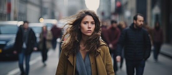 Woman with social anxiety encountering ex or stranger in city displaying snobbery or annoyance - obrazy, fototapety, plakaty