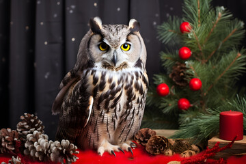 Fototapeta premium An owl in a Christmas setup. Studio portrait, winter festive season template.