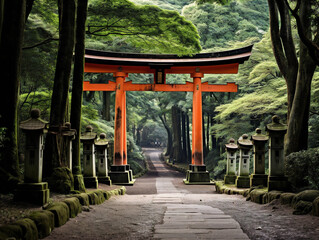 A mesmerizing view of a vibrant Japanese Shinto shrine adorned with iconic torii gates.