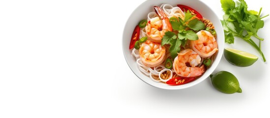 Overhead perspective of prawn rice noodle soup