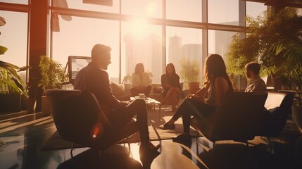 Silhouette of startup business team. Meeting on the couch. Big open space office. Five people. Intentional sun glare and lens flares. Wide screen, panoramic 