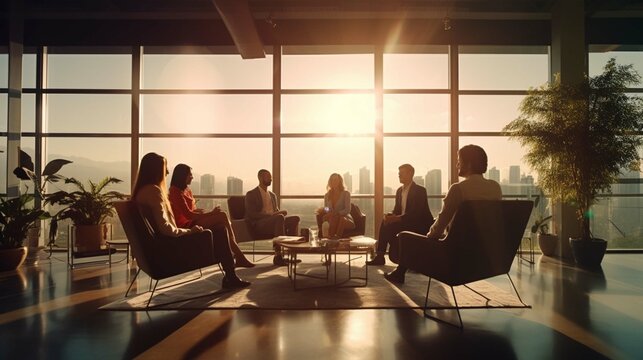 Silhouette Of Startup Business Team. Meeting On The Couch. Big Open Space Office. Five People. Intentional Sun Glare And Lens Flares. Wide Screen, Panoramic 