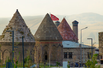 Erzurum Cultural Road Project, Three Domes Turkish 3 Kumbetler.Madrasah with two minarets in front