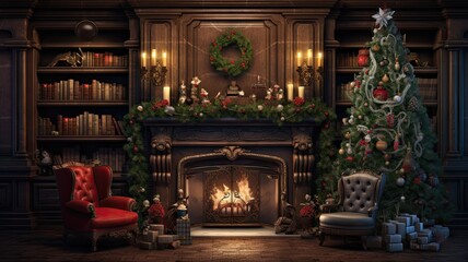 Christmas backdrop adorned with holly and lush fir branches, leaving ample space for text or greetings.
