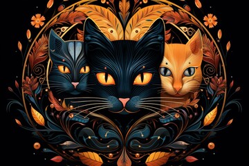 Scheming witches' familiars, such as cunning black cats - Generative AI - obrazy, fototapety, plakaty