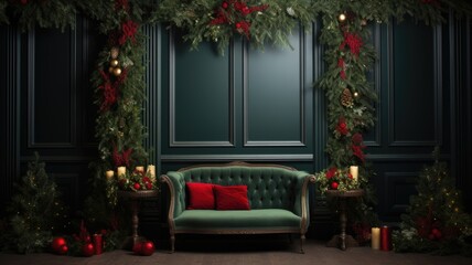 Fototapeta na wymiar Christmas backdrop adorned with holly and lush fir branches, leaving ample space for text or greetings.