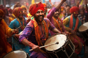 Fototapeta na wymiar Joyful portrait of Hindu man featuring smiling musician drummer in tradition clothes, covered in vibrant powder, during spirited celebration of Holi festival in India