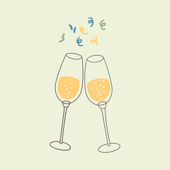 Vector Christmas flat celebrating illustration. Hand painted Prosecco glasses. Cozy cute flat icon premade poster composition