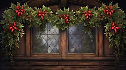 Christmas backdrop adorned with holly and lush fir branches, leaving ample space for text or greetings.