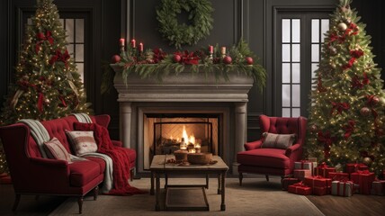 Christmas backdrop adorned with holly and lush fir branches, leaving ample space for text or greetings.