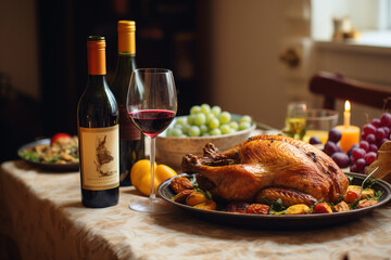 A festive table with a turkey, a pie, and a bottle of wine lots of natural light  Generative AI