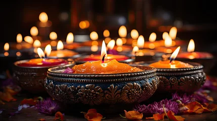 Selbstklebende Fototapeten conjunto de velas encendidas para fiesta diwali dentro de portavelas  sobre mesa decorada con flores y fondo desenfocado © Helena GARCIA