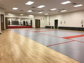 A well-equipped martial arts studio with training mats and a focused atmosphere for practitioners. - obrazy, fototapety, plakaty