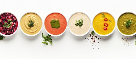 Vegan soup banner with space for text featuring various top down vegetable cream soups - obrazy, fototapety, plakaty