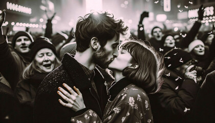 A raw, candid photo of a couple sharing a New Year's Eve kiss amidst a bustling crowd, capturing the genuine emotion and spontaneity of the moment.