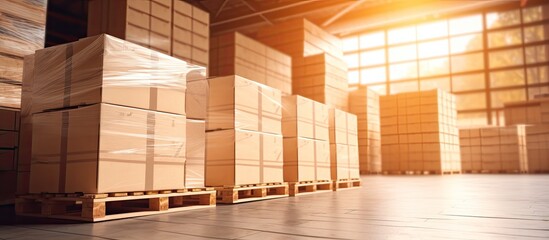 Storage warehouse interior with plastic wrapped wooden crates L shape pallet cardboard edge protector Cargo import export facility