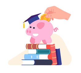 Investing in your own education. Raising money for tuition. Piggy bank. Moneybox on books stack. Financial deposit. Hand putting gold coin into thrift-box. Savings pig. png concept