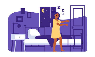 Woman walking in her sleep at night. Sleepwalker in home bedroom. Somnambulist girl in pajama. Sleepwalking disorder. Dreaming female. Insomnia disease. png somnambulism concept