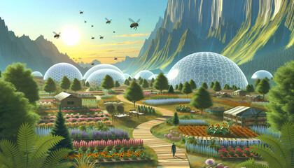 illustration of a future landscape with biodomes sheltering ecosystems and footpaths lined with pollinator gardens