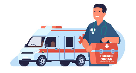 Doctor holding box with human organ for transplant. Ambulance car. Professional health care. Man carrying bag for patient. Transportation medicine. Hospital treatment. png concept