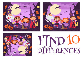 Find 10 Differences. Fascinating game for kids. Halloween holiday. Children in costumes. Worksheet with correct answer. Brainteaser task. Logic quiz page. Trick or treat. png concept