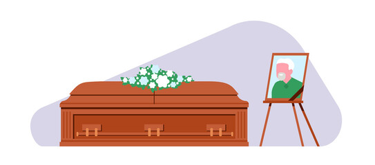 Funeral ritual. Wooden coffin with deceased and photo on stand. Dead grandfather portrait. Bouquet wreath. Traditional burial ceremony. Sadness of grandparent death. png concept - obrazy, fototapety, plakaty