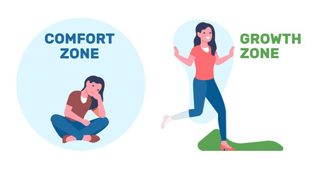 Girl sits in her comfort zone and goes into growth area. Personal boundary and freedom. Alone woman in circle dome. Female leaving introverts barrier. Uncertainty fear. png concept