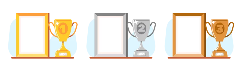 Foto op Aluminium Winning awards. Gold, silver and bronze cups and photo frame with wooden frame. Winners diploma or certificate pages. Victory ceremony prizes. Competition trophy. png rewards set © VectorBum
