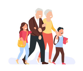 Joyful grandparents take grandchildren to school. Happy people holding hands. Elderly parents. Grandfather and grandmother walking with children. Family relationship. png concept