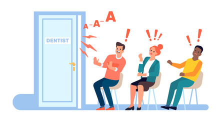 People in fear of dentists. Frightened by sounds of dental office. Panicked patients waiting medical appointment in lobby. Persons afraid of doctors. Scared men and women. png concept