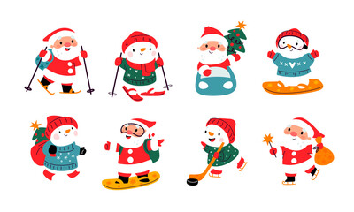 Sporting snowman and Santa Claus. Holiday symbols. Athletic Xmas characters. Cartoon Christmas man skiing and snowboarding. Outdoor exercises. Garish png winter sport activities set