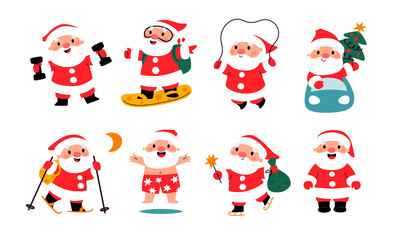 Sporting Santa Claus. Xmas character in different poses. Senior man. Cute athlete snowboarding and skiing. Winter training. Dumbbells and ice-hole. Outdoor exercises. Garish png set