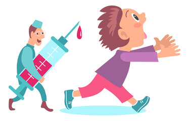 Kids fear. Frightened boy escaping from doctor. Physician with injection syringe. Children phobia. Panicked teen running away from medical worker. Horror of vaccination. png concept