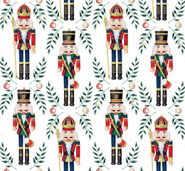 Nutcracker, branch and Christmas ball seamless pattern. Merry Christmas, New Year wallpaper.