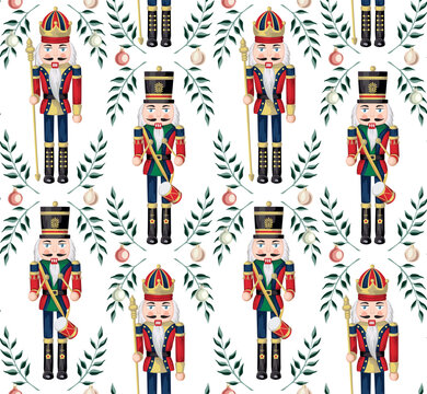 Nutcracker, branch and Christmas ball seamless pattern. Merry Christmas, New Year wallpaper.